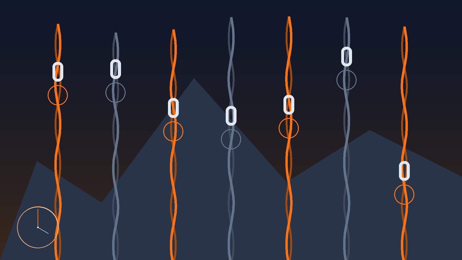 The rope-wall at dawn: braided ropes rising toward Data Peak, each carrying a carabiner